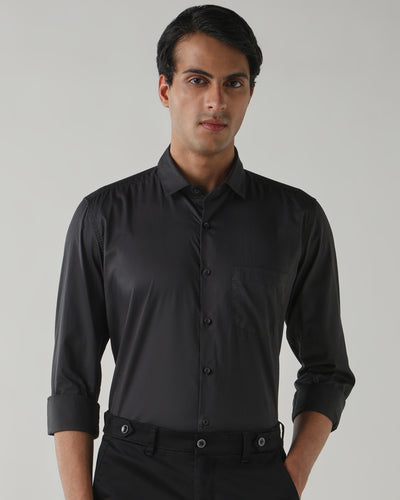 Men's Pure Cotton Plain Slim Fit Full Sleeve Casual Shirt - Black