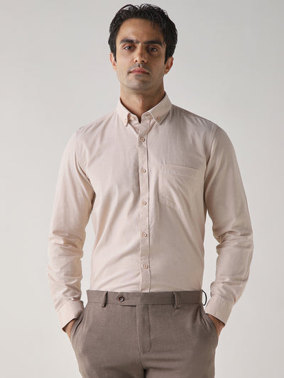 Men's Pure Cotton Plain Slim Fit Full Sleeve Casual Shirt - Beige