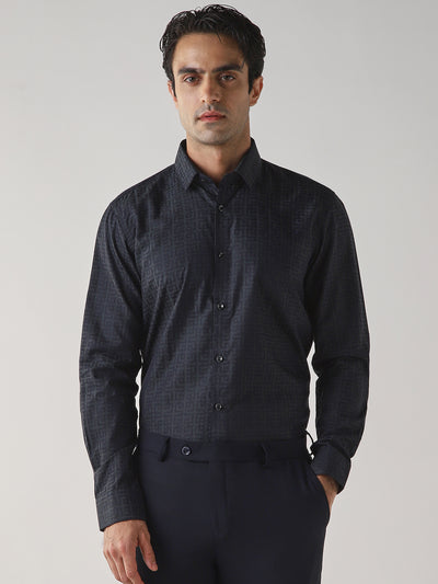 Men's Pure Cotton Dobby Dobby Slim Fit Full Sleeve Formal Shirt - Green & Black