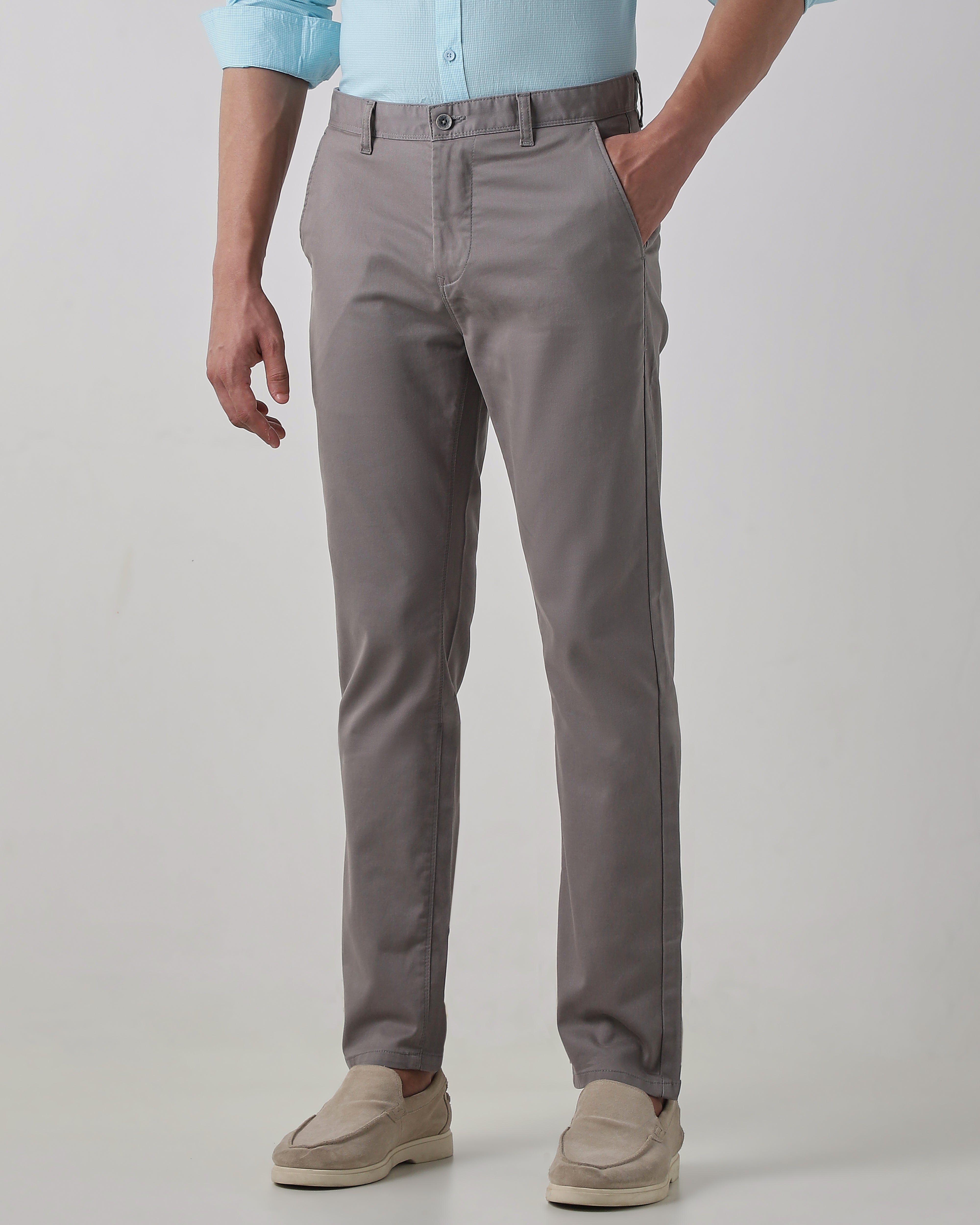 Grey Cotton Stretch Regular Fit Trouser
