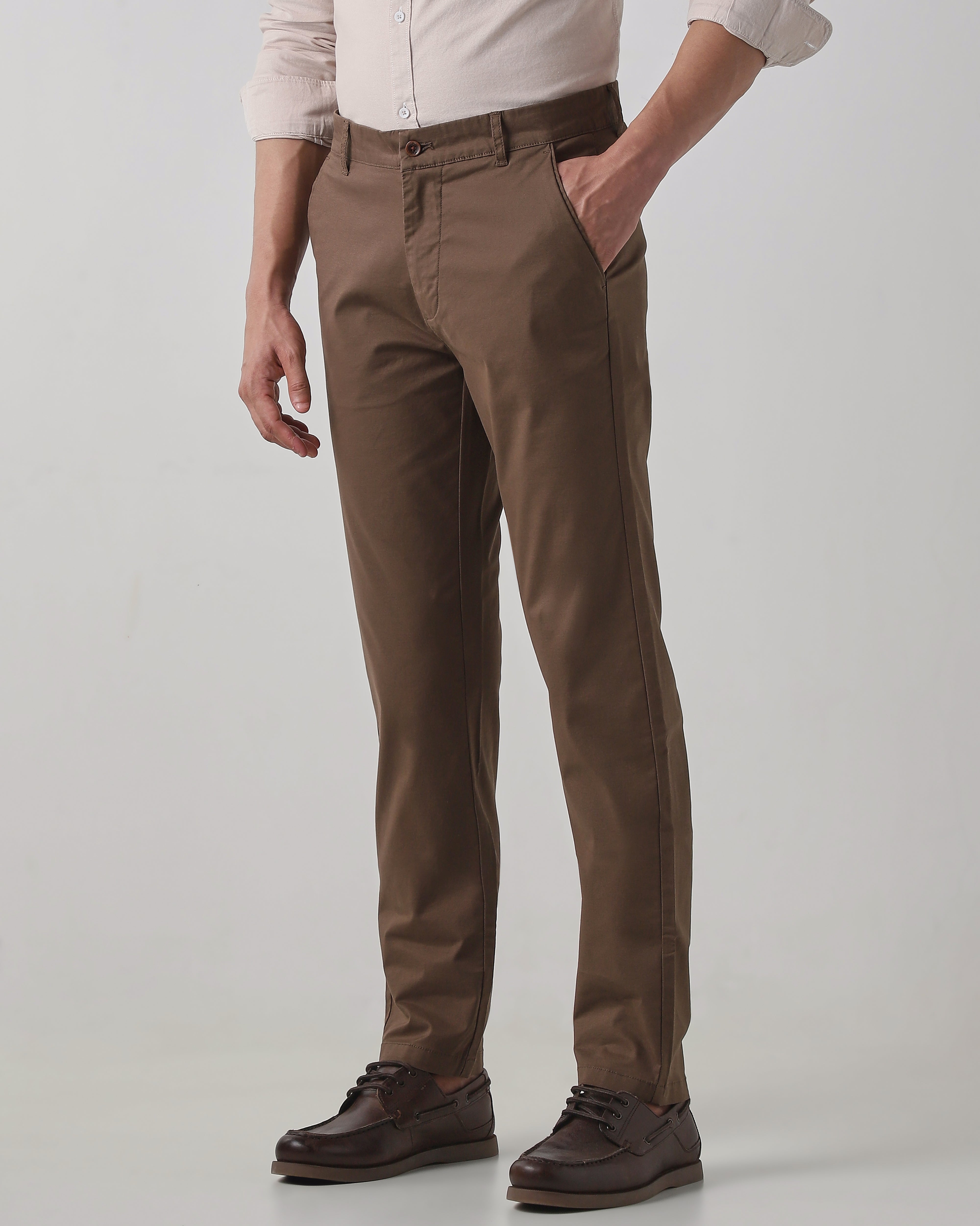 Brown Cotton Stretch Regular Fit Trouser