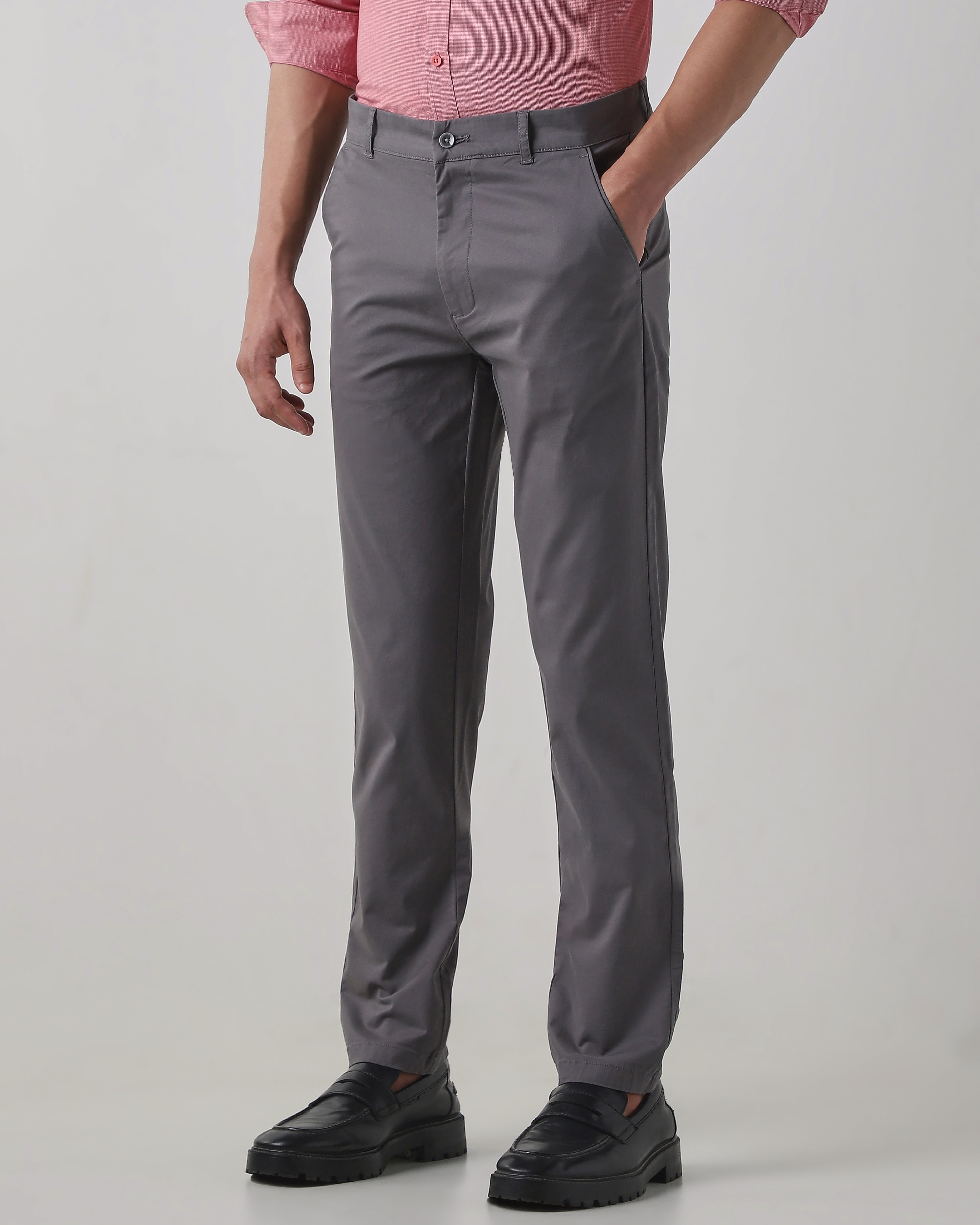 Grey Cotton Stretch Regular Fit Trouser