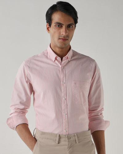 Men's Pure Cotton Stripe Stripe Slim Fit Full Sleeve Casual Shirt - White & Pink