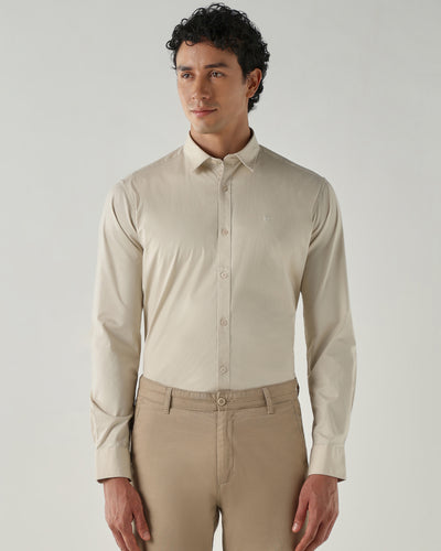 Men's Cotton Stretch Plain Slim Fit Full Sleeve Casual Shirt - Off White
