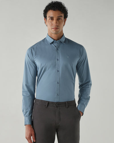 Men's Cotton Stretch Plain Slim Fit Full Sleeve Casual Shirt - Blue