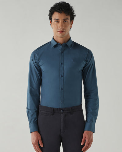 Men's Cotton Stretch Plain Slim Fit Full Sleeve Casual Shirt - Blue