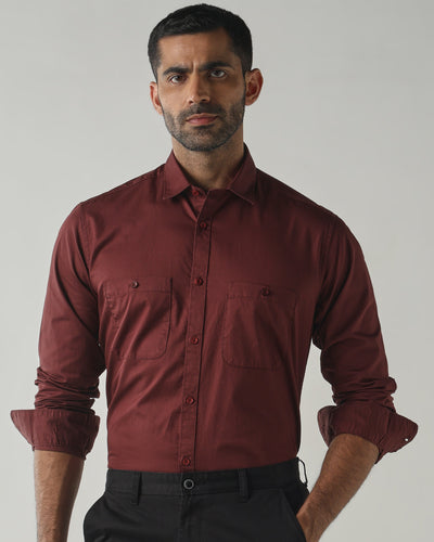 Men's Pure Cotton Plain Slim Fit Full Sleeve Casual Shirt - Brown