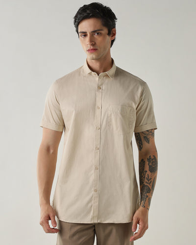 Men's Pure Cotton Plain Slim Fit Half Sleeve Casual Shirt - Off White