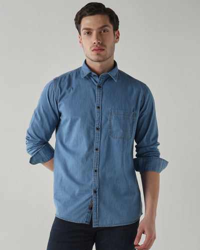 Men's Pure Cotton Denim Slim Fit Full Sleeve Casual Shirt - Light Blue