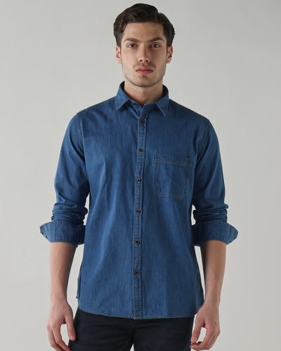 Men's Pure Cotton Denim Slim Fit Full Sleeve Casual Shirt - Medium Blue