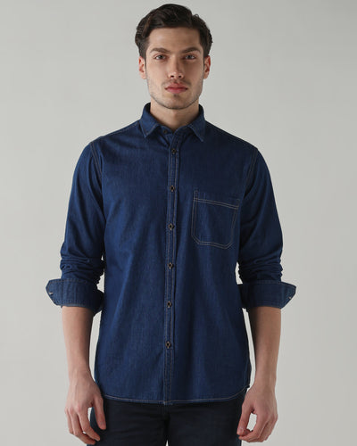 Men's Pure Cotton Denim Slim Fit Full Sleeve Casual Shirt - Dark Blue