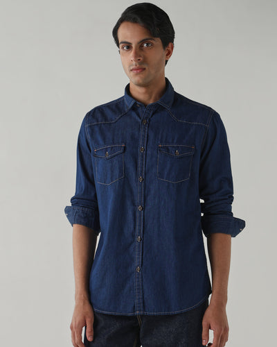 Men's Pure Cotton Denim Slim Fit Full Sleeve Casual Shirt - Dark Blue