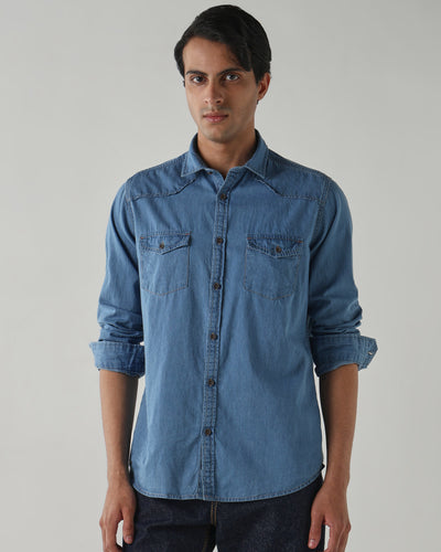 Men's Pure Cotton Denim Slim Fit Full Sleeve Casual Shirt - Light Blue