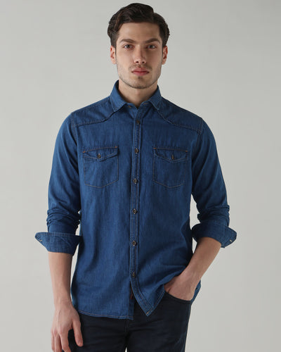 Men's Pure Cotton Denim Slim Fit Full Sleeve Casual Shirt - Medium Blue