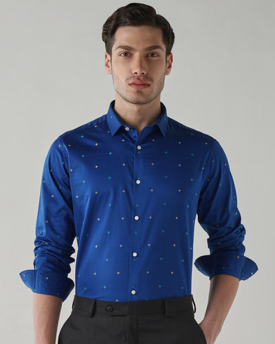 Men's Pure Cotton Jacquard Jacquard Dobby Slim Fit Full Sleeve Formal Shirt - Blue