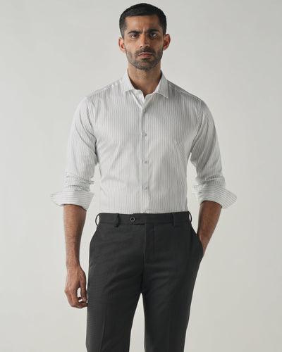 Men's Pure Cotton Stripe Stripe Slim Fit Full Sleeve Formal Shirt - White & Green