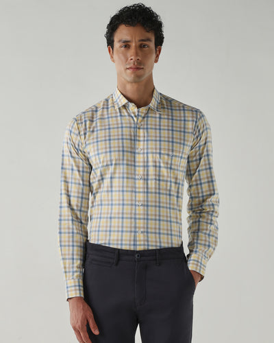 Men's Pure Cotton Checks Slim Fit Full Sleeve Casual Shirt - White & Yellow