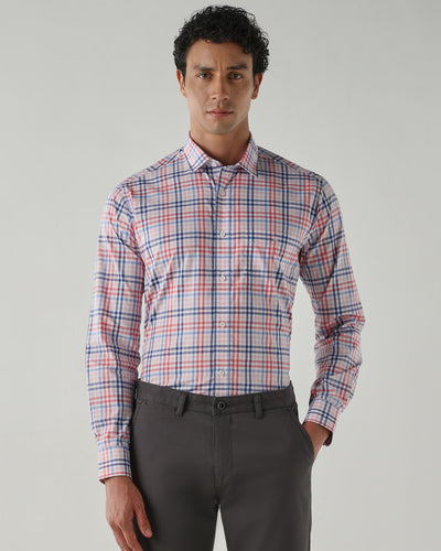 Men's Pure Cotton Checks Slim Fit Full Sleeve Casual Shirt - White & Blue