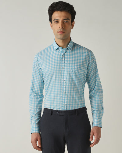Men's Pure Cotton Checks Slim Fit Full Sleeve Casual Shirt - White & Blue