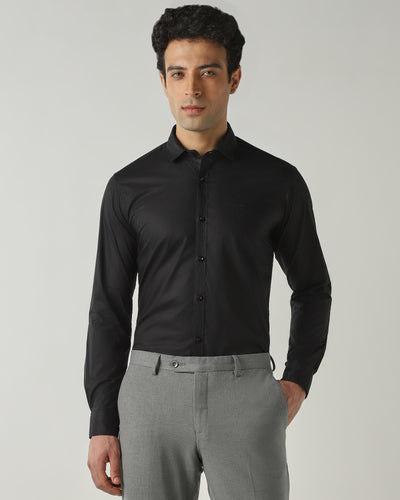 Men's Pure Cotton Plain Slim Fit Full Sleeve Casual Shirt - Black