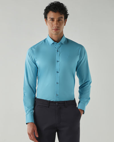 Men's Pure Cotton Plain Slim Fit Full Sleeve Casual Shirt - Blue