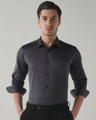 Men's Pure Cotton Dobby Slim Fit Full Sleeve Formal Shirt - Black