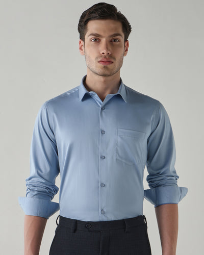 Men's Pure Cotton Dobby Slim Fit Full Sleeve Formal Shirt - Blue