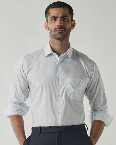 Men's Pure Cotton Checks Slim Fit Full Sleeve Formal Shirt - White & Blue