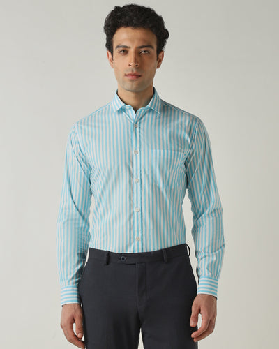 Men's Pure Cotton Stripe Stripe Slim Fit Full Sleeve Casual Shirt - White & Blue