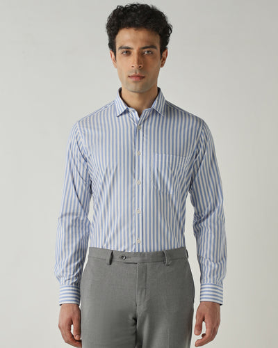 Men's Pure Cotton Stripe Stripe Slim Fit Full Sleeve Casual Shirt - White & Blue