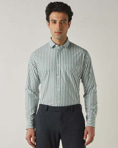 Men's Pure Cotton Stripe Stripe Slim Fit Full Sleeve Casual Shirt - White & Green