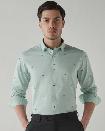 Men's Pure Cotton Jacquard Jacquard Dobby Slim Fit Full Sleeve Formal Shirt - Green