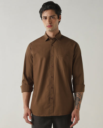 Men's Pure Cotton Plain Slim Fit Full Sleeve Casual Shirt - Brown