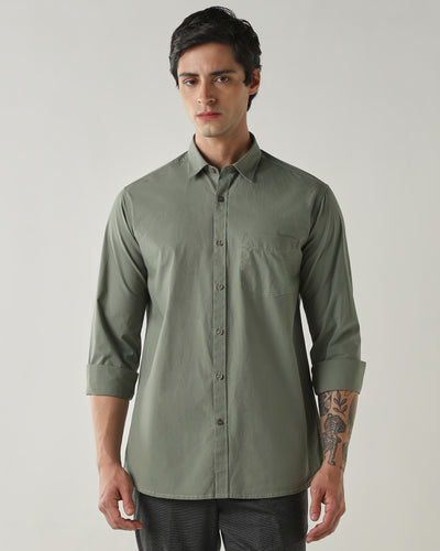 Men's Pure Cotton Plain Slim Fit Full Sleeve Casual Shirt - Green