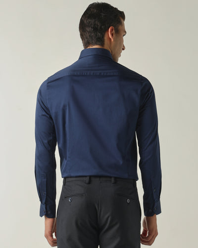 Men's Cotton Elastane Solid Slim Fit Full Sleeve Formal Shirt - Blue