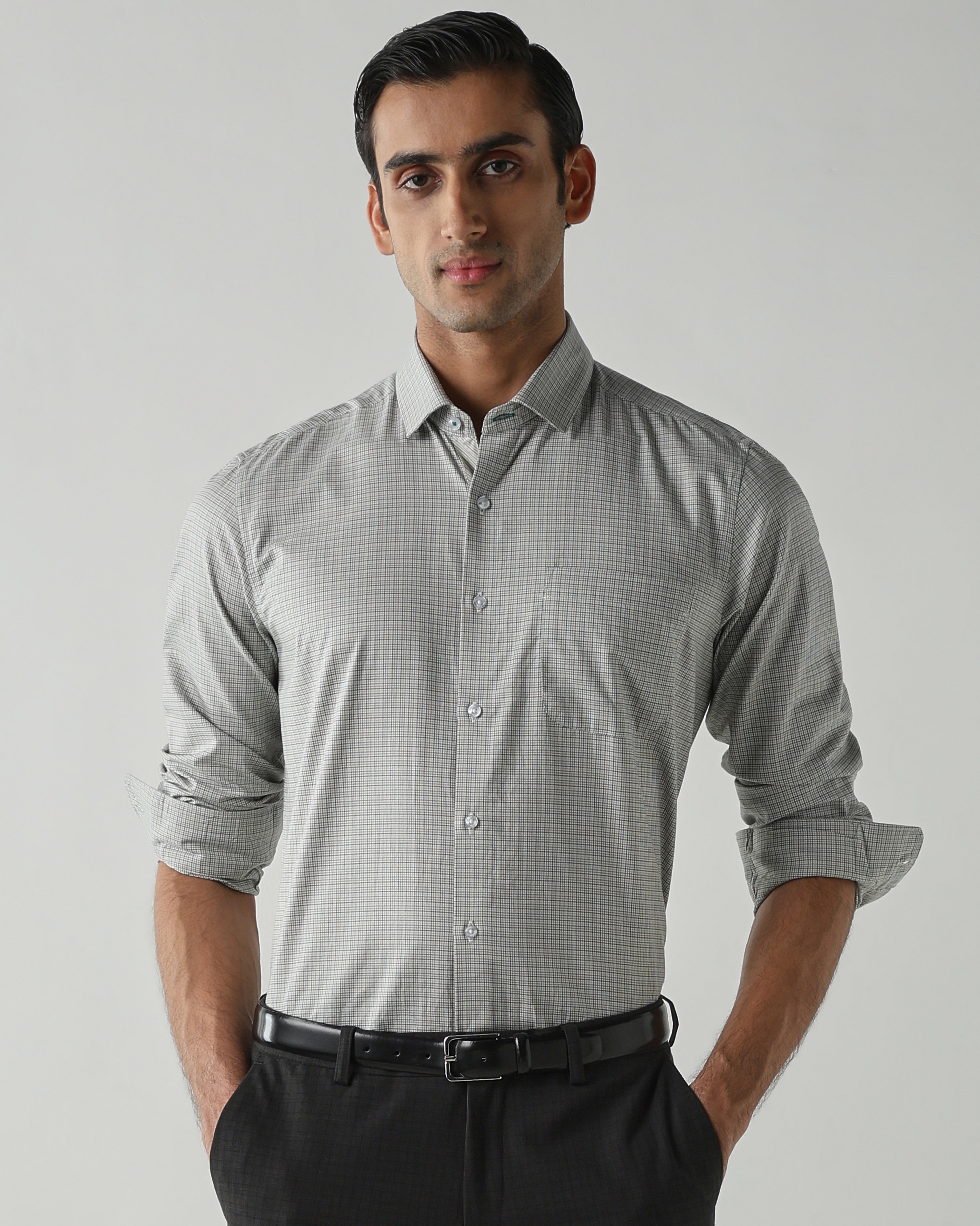 Green/Black Pure Cotton Shirts for Men | Slim Fit Luxury Wear