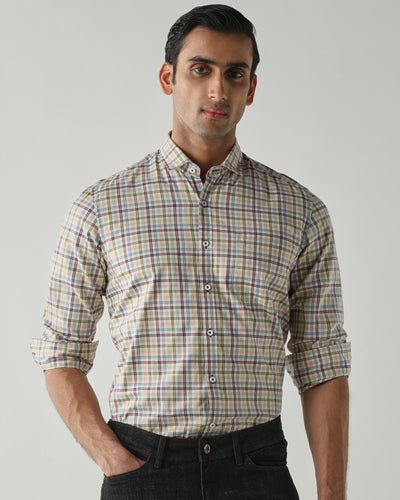 Men's Pure Cotton Checks Slim Fit Full Sleeve Casual Shirt - White & Green