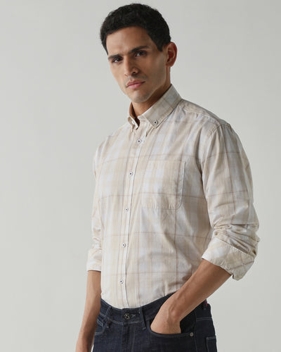 Men's Pure Cotton Checks Regular Fit Full Sleeve Casual Shirt - White & Yellow