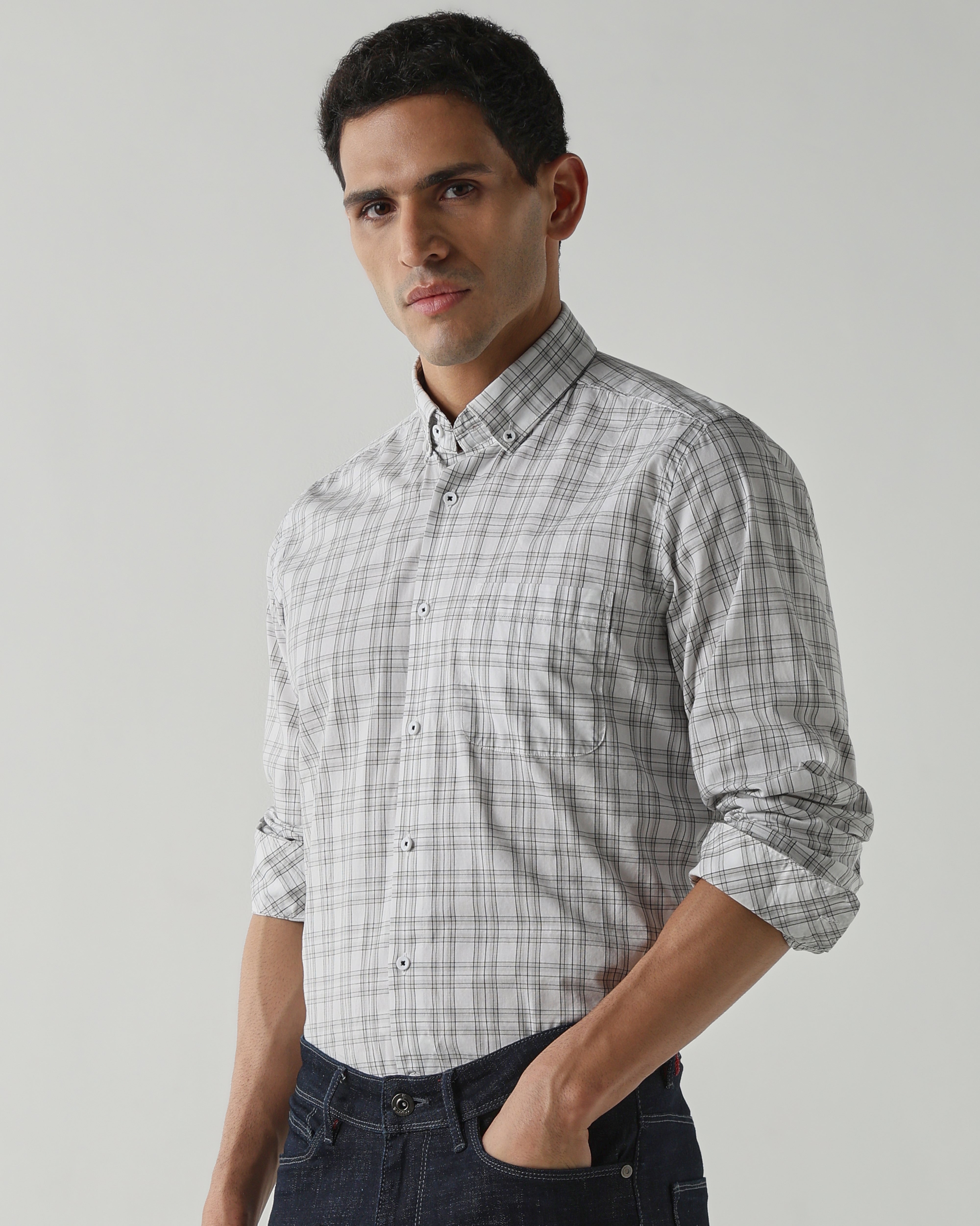 WHITE/GREY Pure Cotton Shirts for Men | Slim Fit Luxury Wear