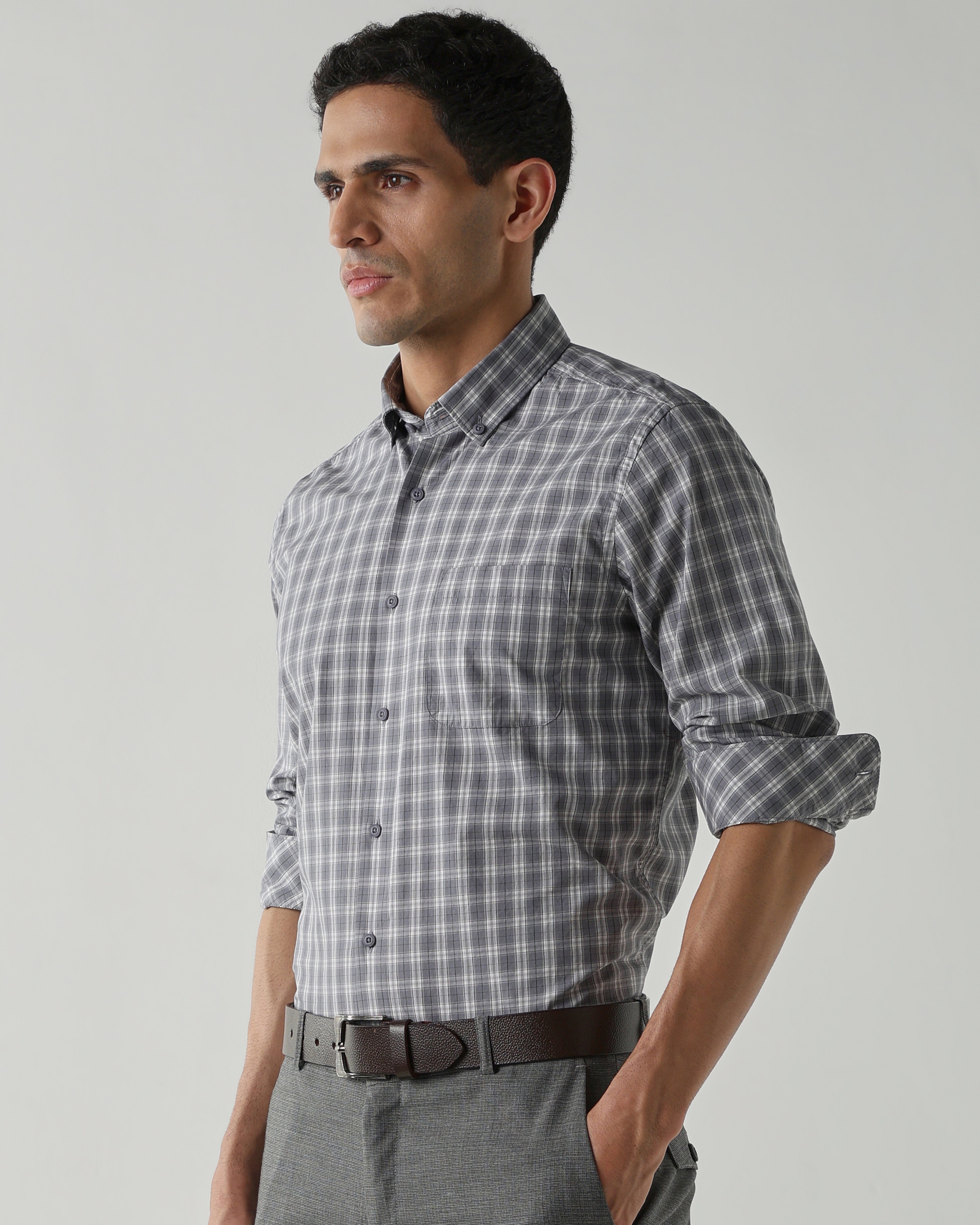 Grey/White Pure Cotton Shirts for Men | Slim Fit Luxury Wear