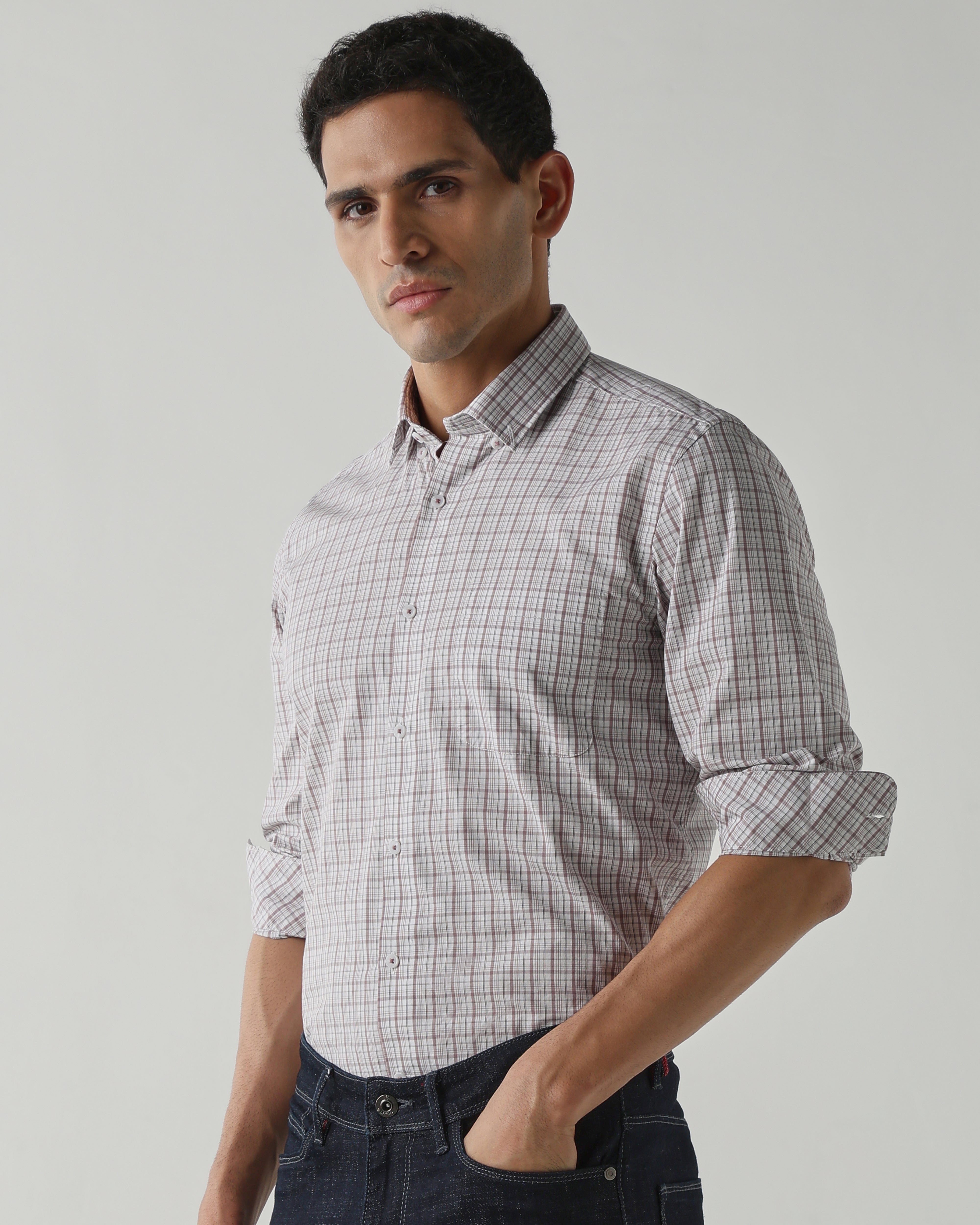 White/Lt Brown Pure Cotton Shirts for Men | Slim Fit Luxury Wear