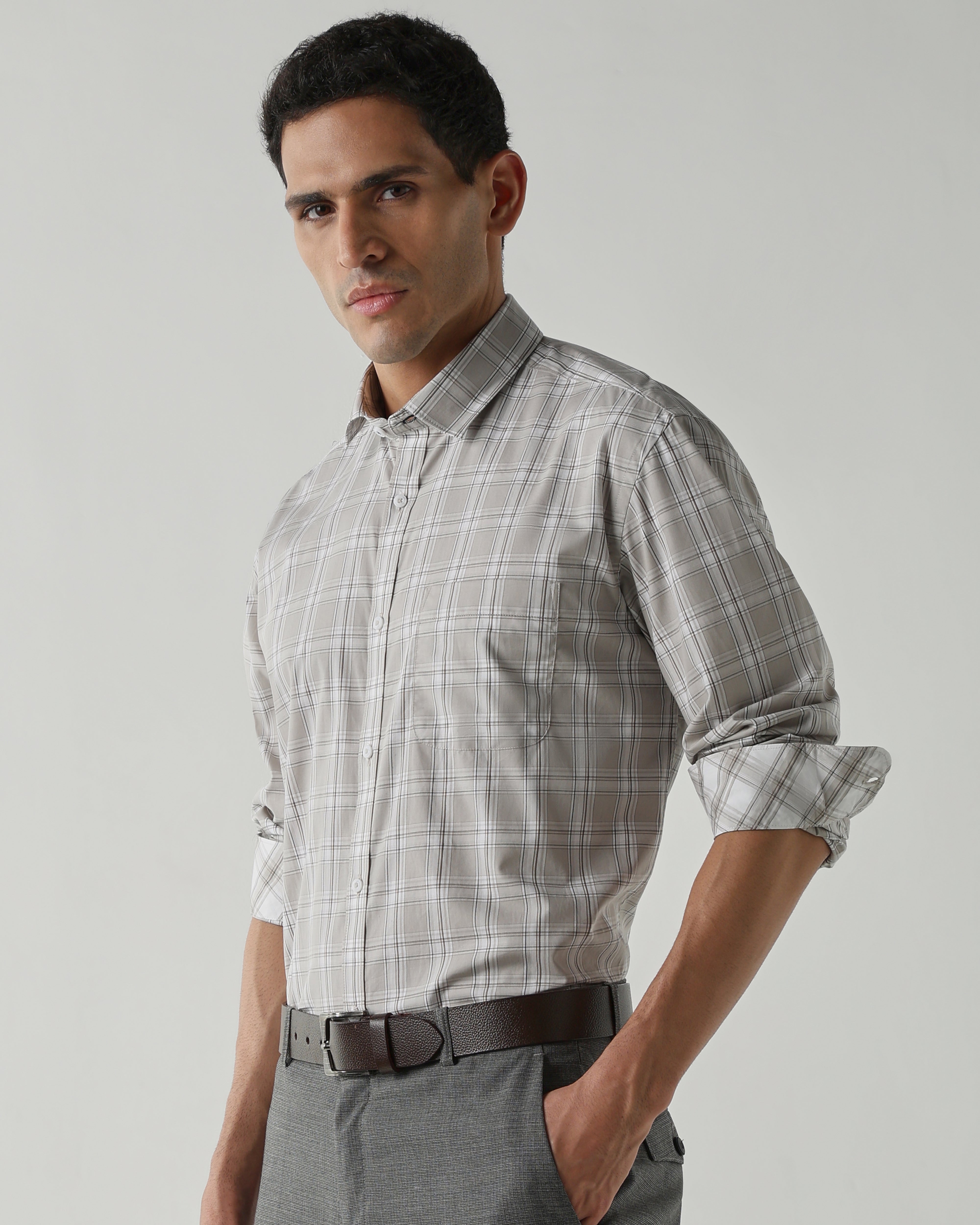 Beige/White Pure Cotton Shirts for Men | Regular Fit Luxury Wear