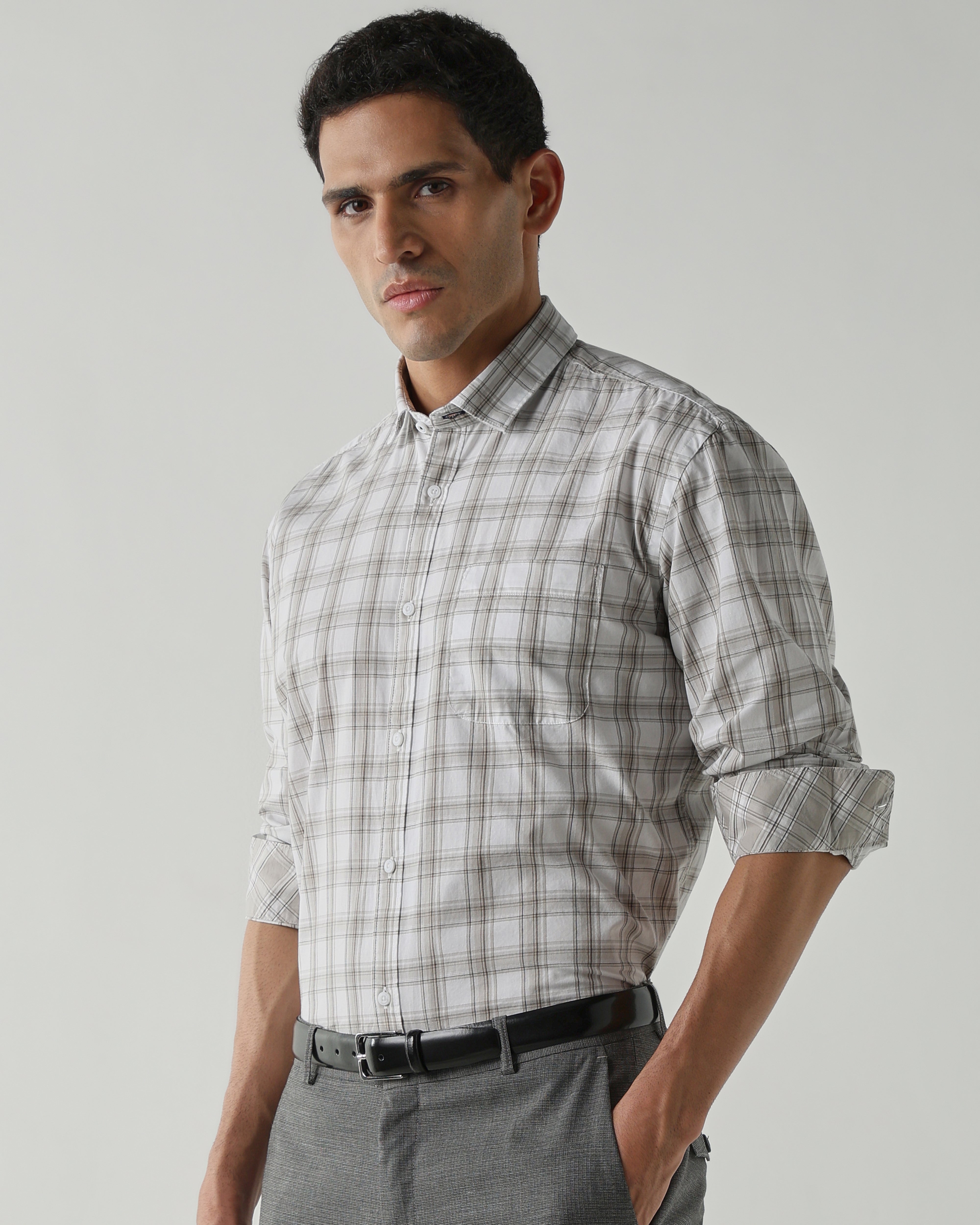 White/Beige Pure Cotton Shirts for Men | Regular Fit Luxury Wear