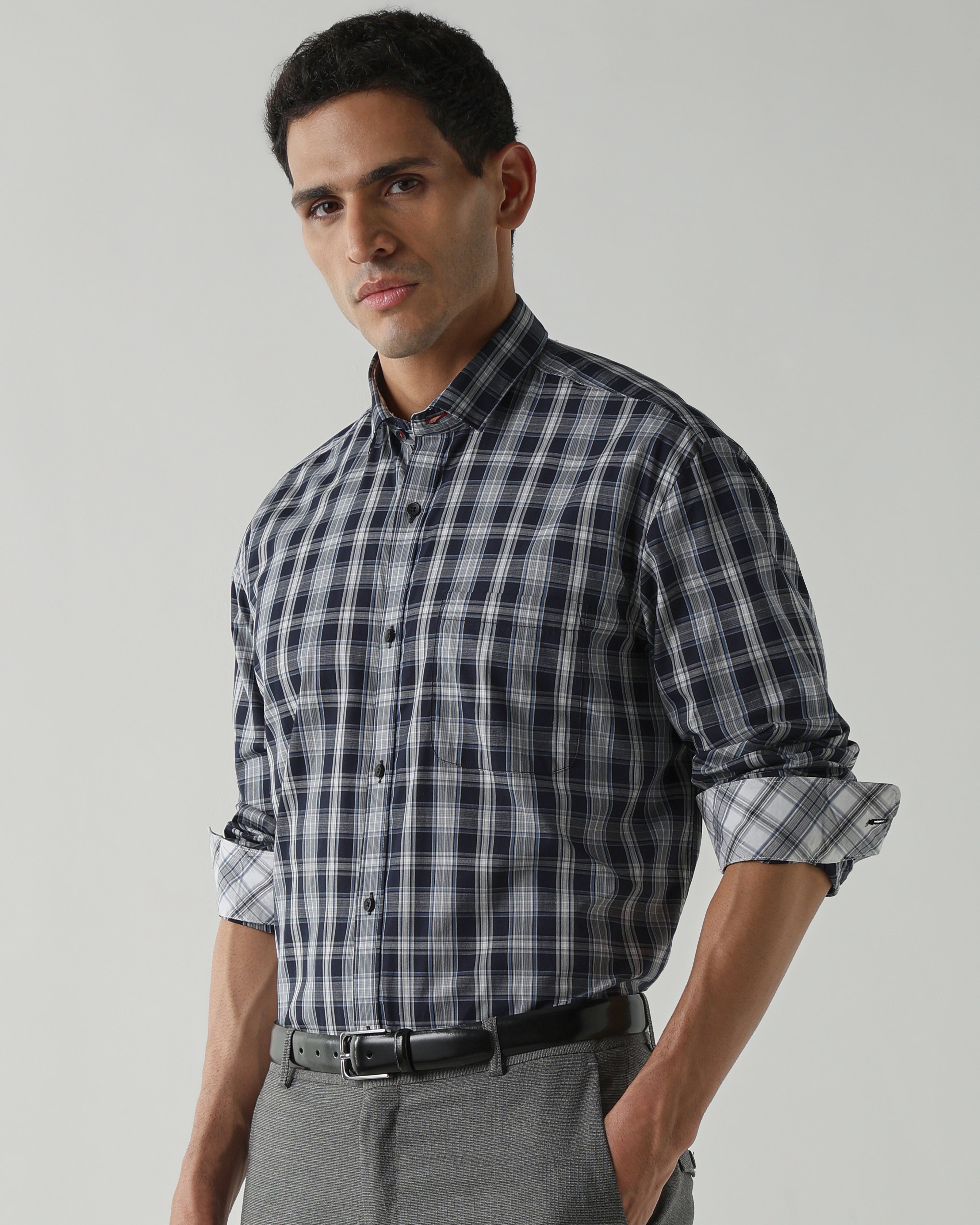 Navy/White Pure Cotton Shirts for Men | Regular Fit Luxury Wear