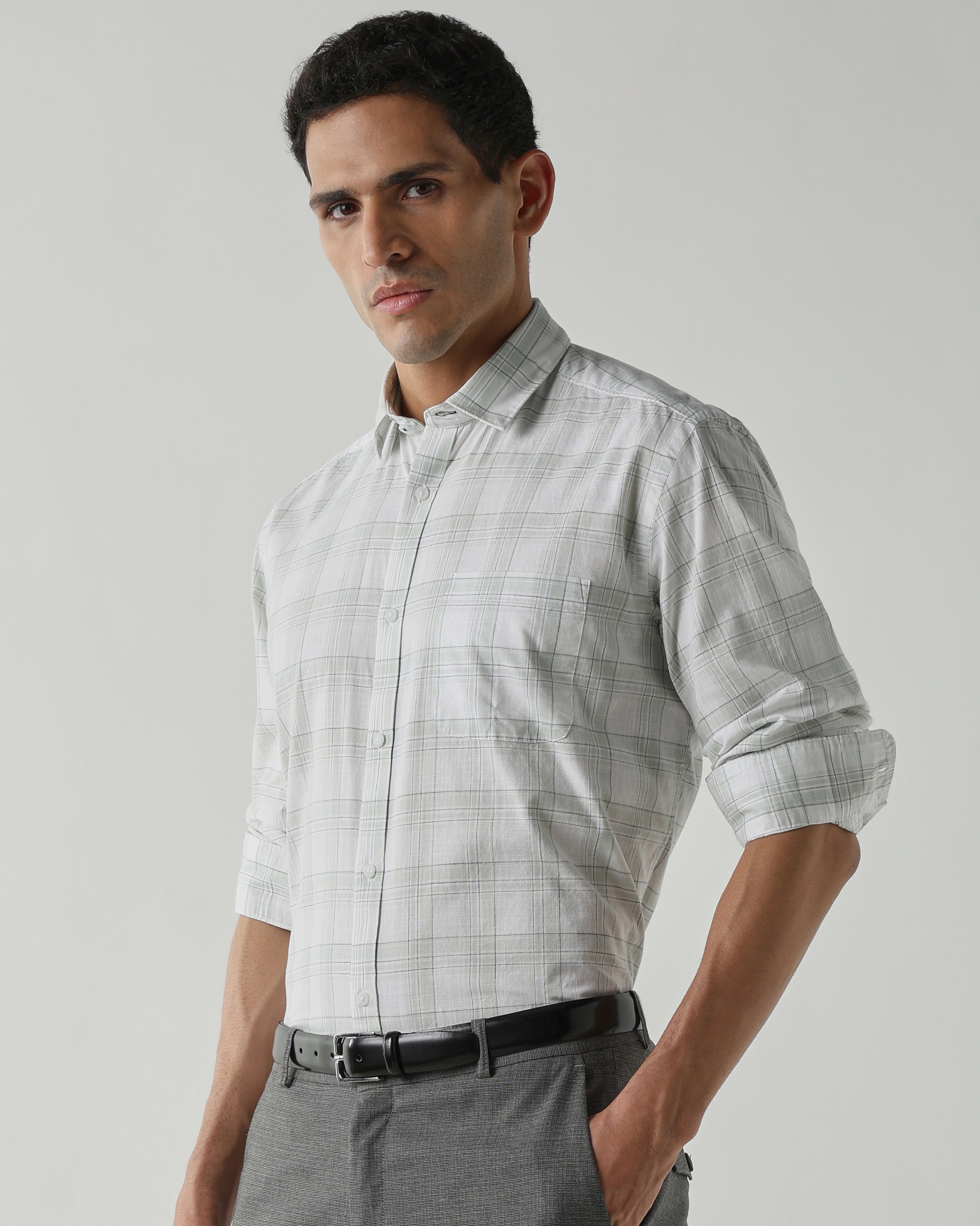 WHITE/GREEN Pure Cotton Shirts for Men | Regular Fit Luxury Wear