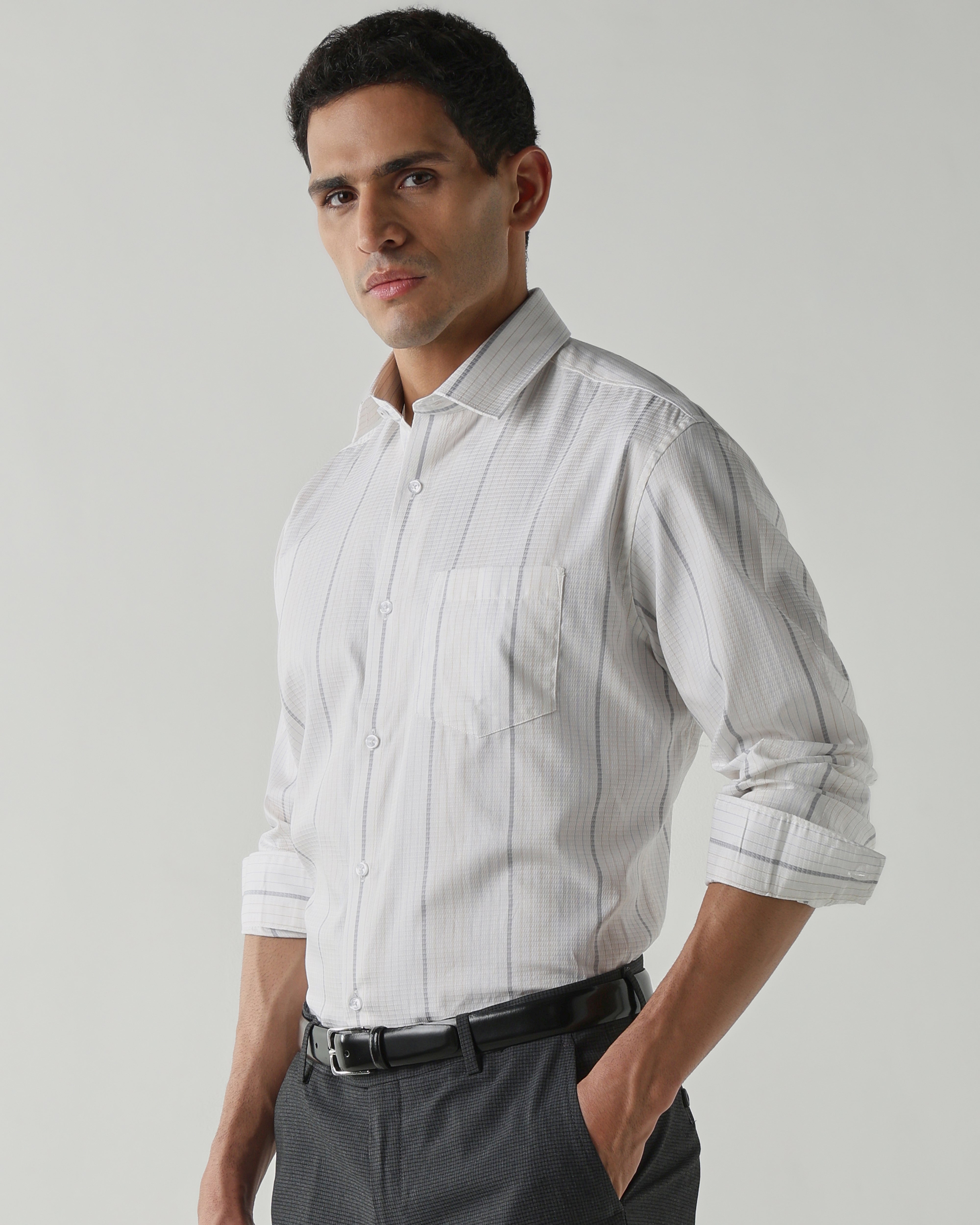 Grey/White Pure Cotton Shirts for Men | Regular Fit Luxury Wear