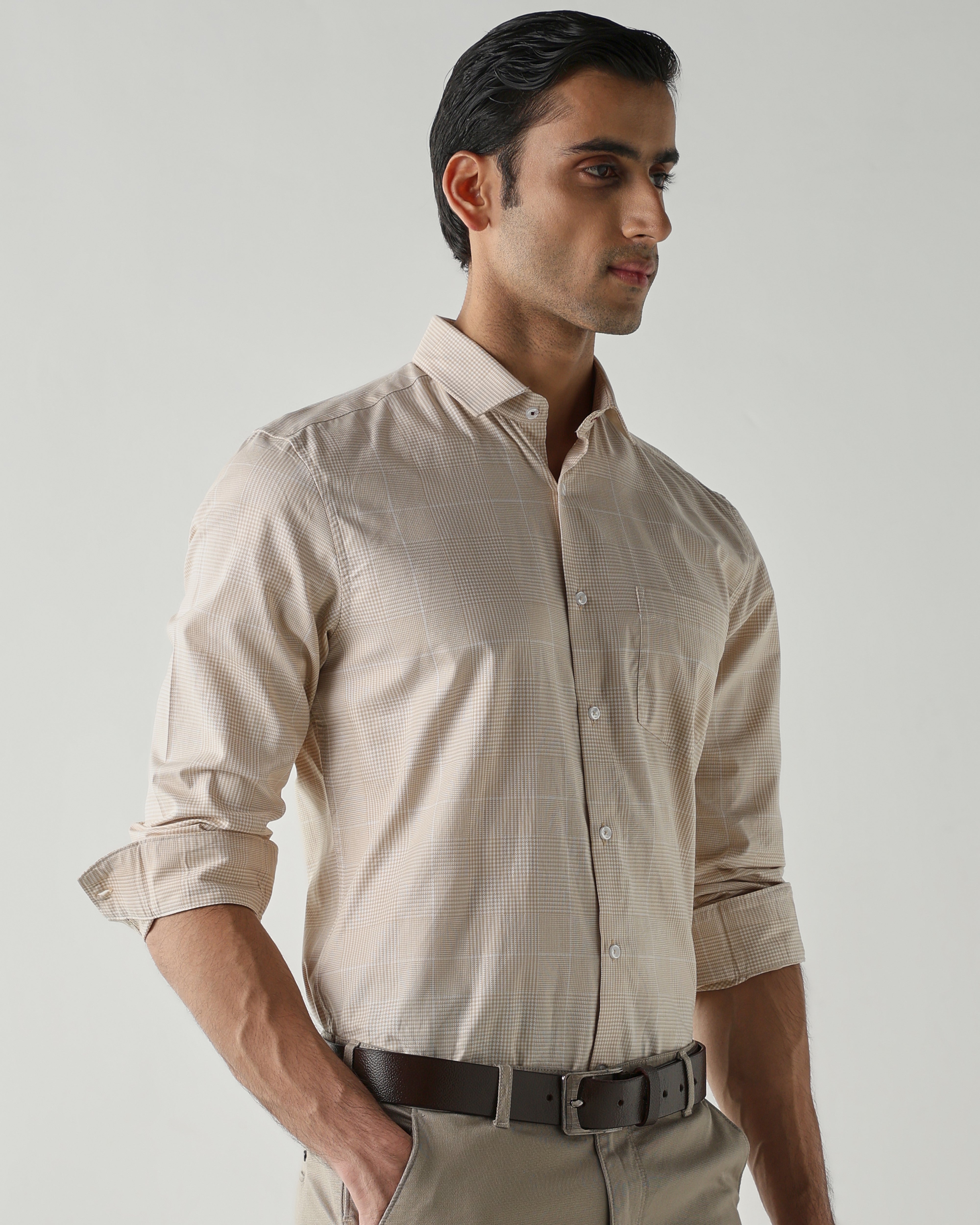 Beige/White Pure Cotton Shirts for Men | Slim Fit Luxury Wear