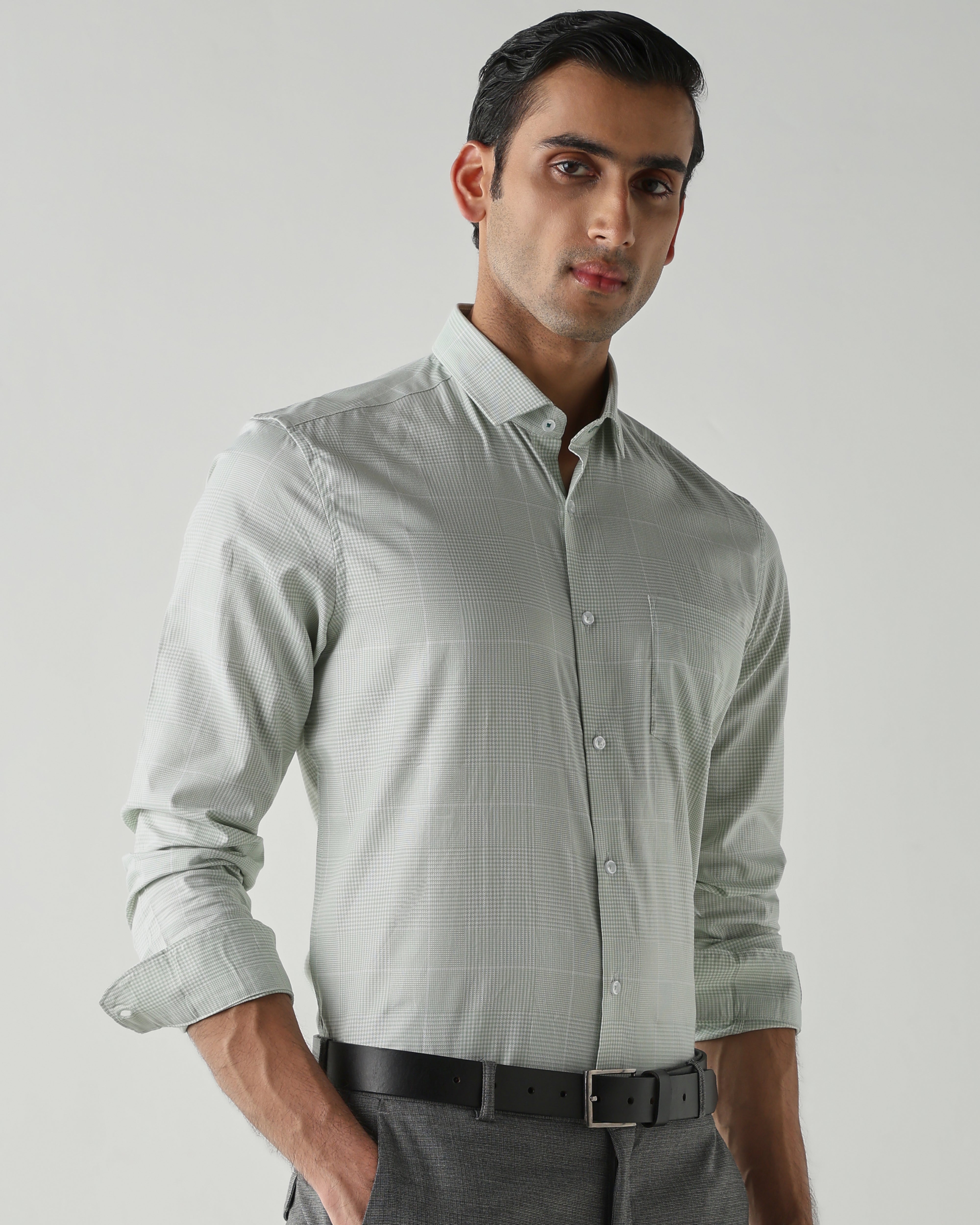 Green/White Pure Cotton Shirts for Men | Slim Fit Luxury Wear