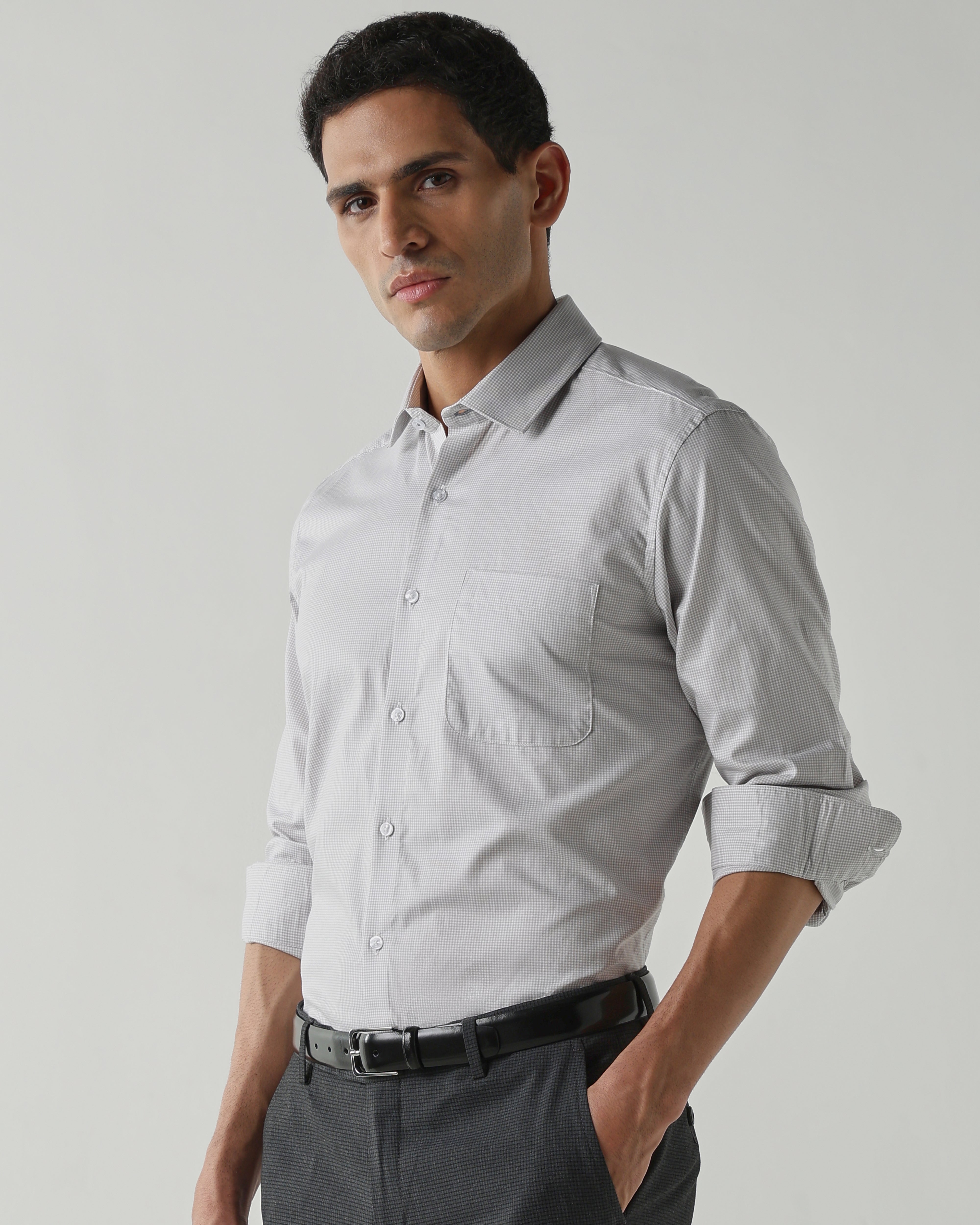 Lt Grey/White Pure Cotton Shirts for Men | Slim Fit Luxury Wear