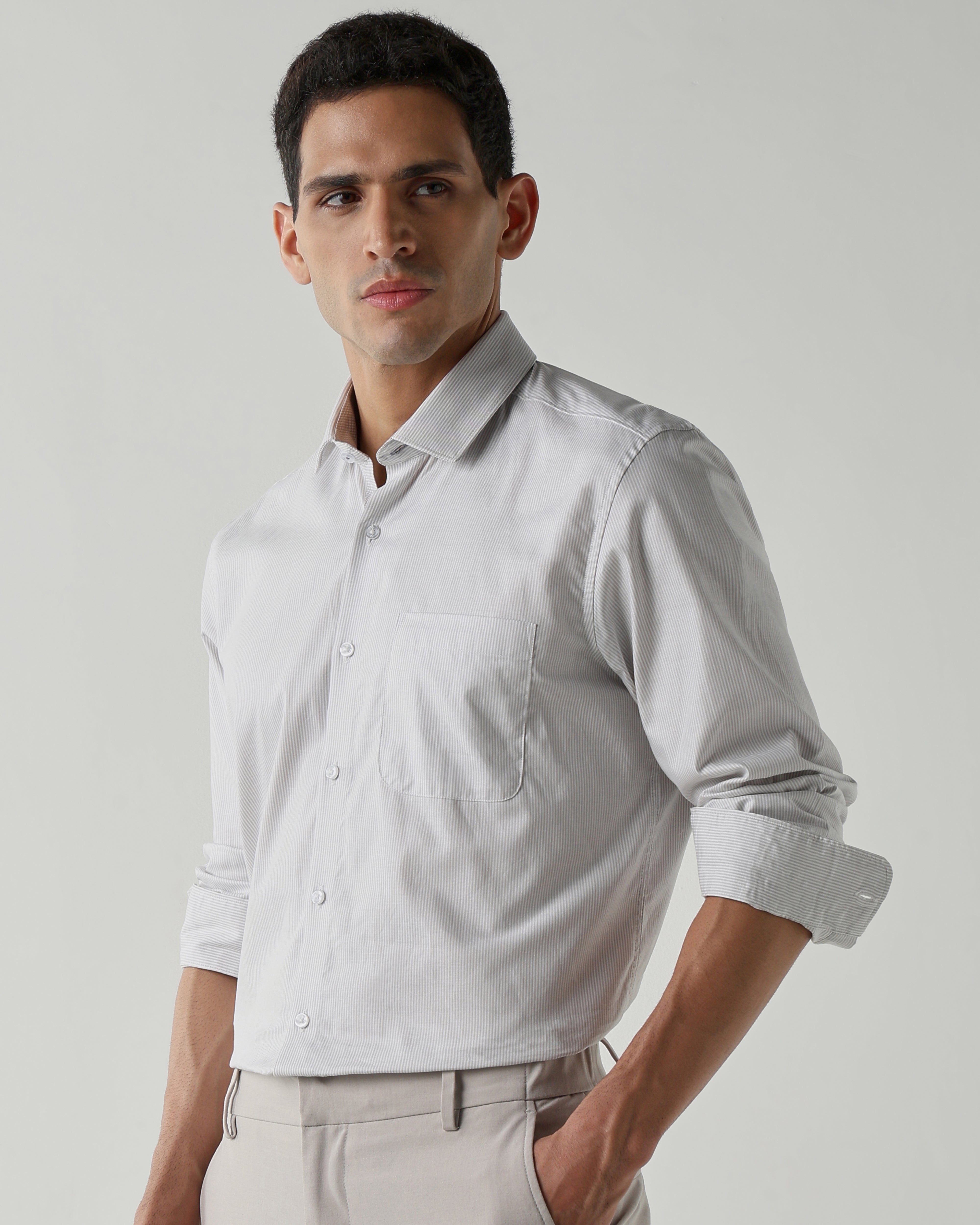Lt Grey/White Pure Cotton Shirts for Men | Slim Fit Luxury Wear